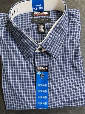 Kirkland Signature Men's Navy Blue Windowpane Dress Shirt